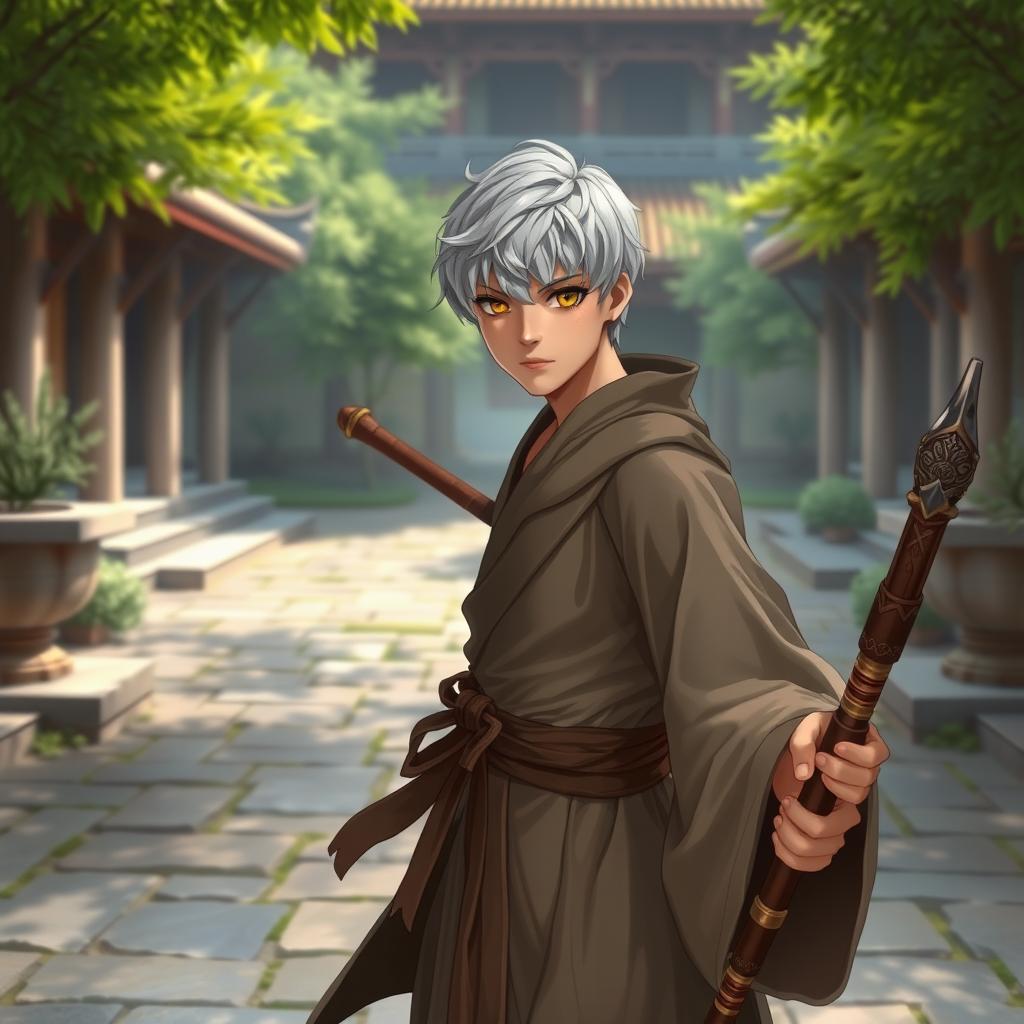 A 25-year-old monk character with short, silver hair and striking amber eyes