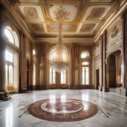 A grand, spacious hall with high ceilings, intricate architectural details, polished marble floors, and a majestic chandelier illuminating opulent tapestries on the walls.