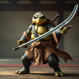 An adult tortle battle monk standing in a serious battle stance, expertly dual wielding two elegant katanas