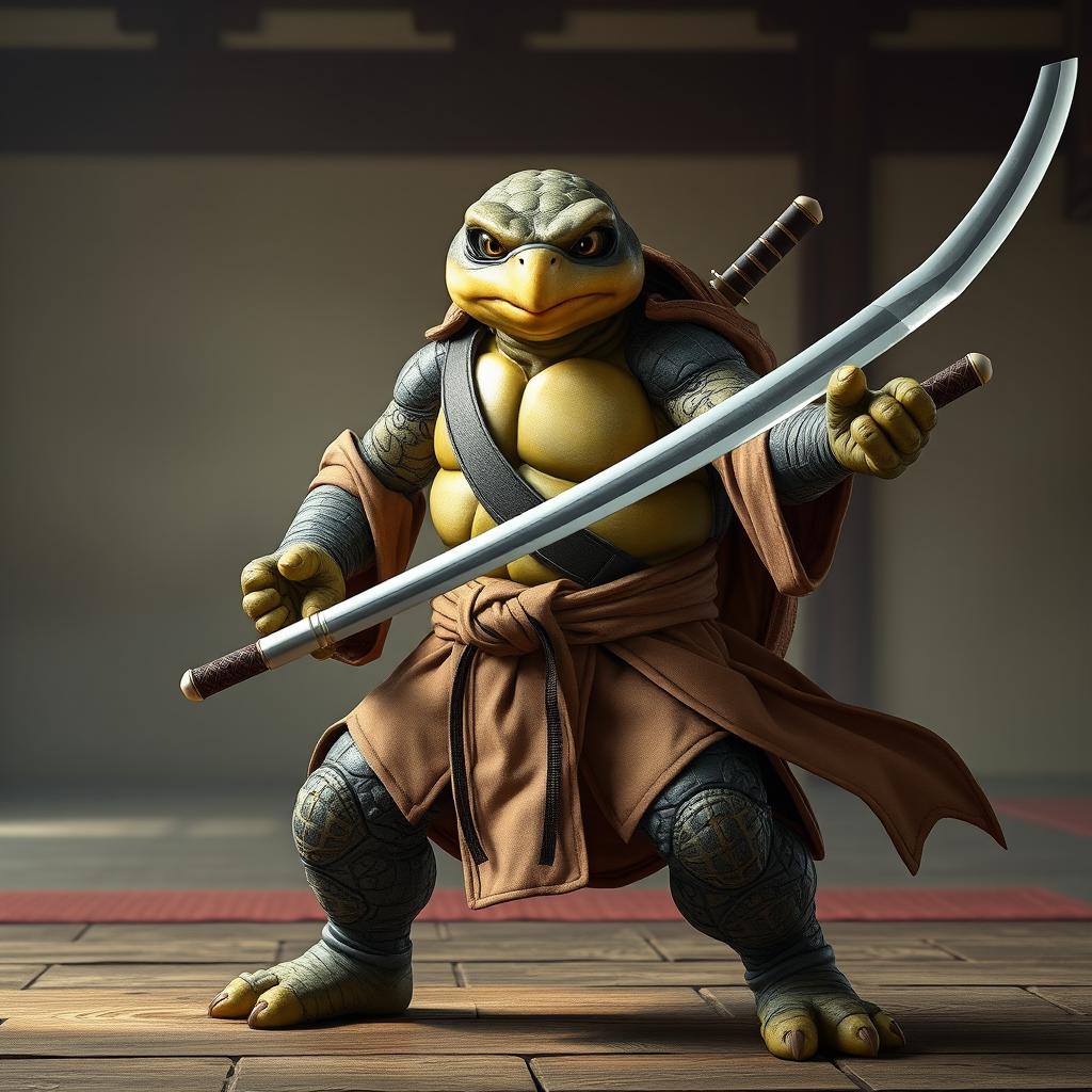 An adult tortle battle monk standing in a serious battle stance, expertly dual wielding two elegant katanas