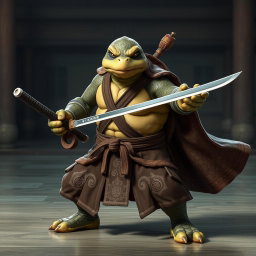 An adult tortle battle monk standing in a serious battle stance, expertly dual wielding two elegant katanas