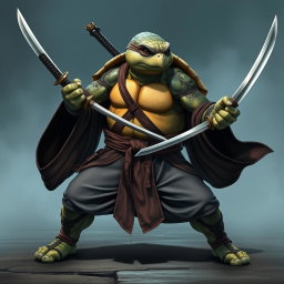An adult tortle battle monk standing in a serious battle stance, expertly dual wielding two elegant katanas