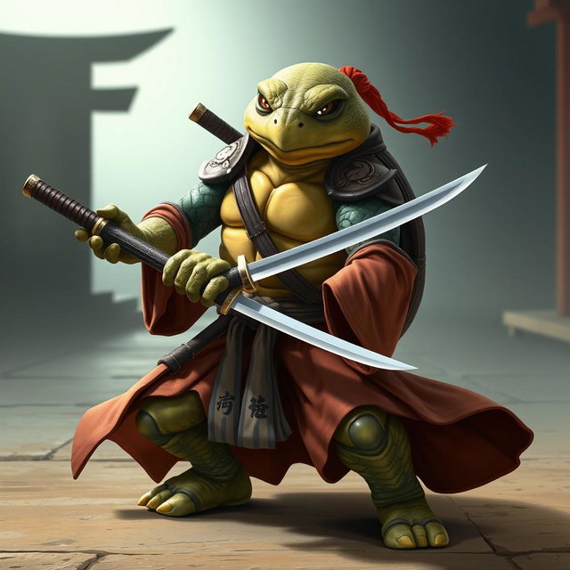 An adult tortle battle monk standing in a serious battle stance, expertly dual wielding two elegant katanas