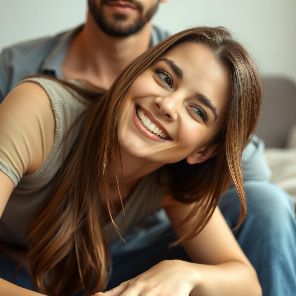 A beautiful 25-year-old woman with a playful expression, leaning forward with her torso bent and her head tilted slightly upward, enjoying the moment