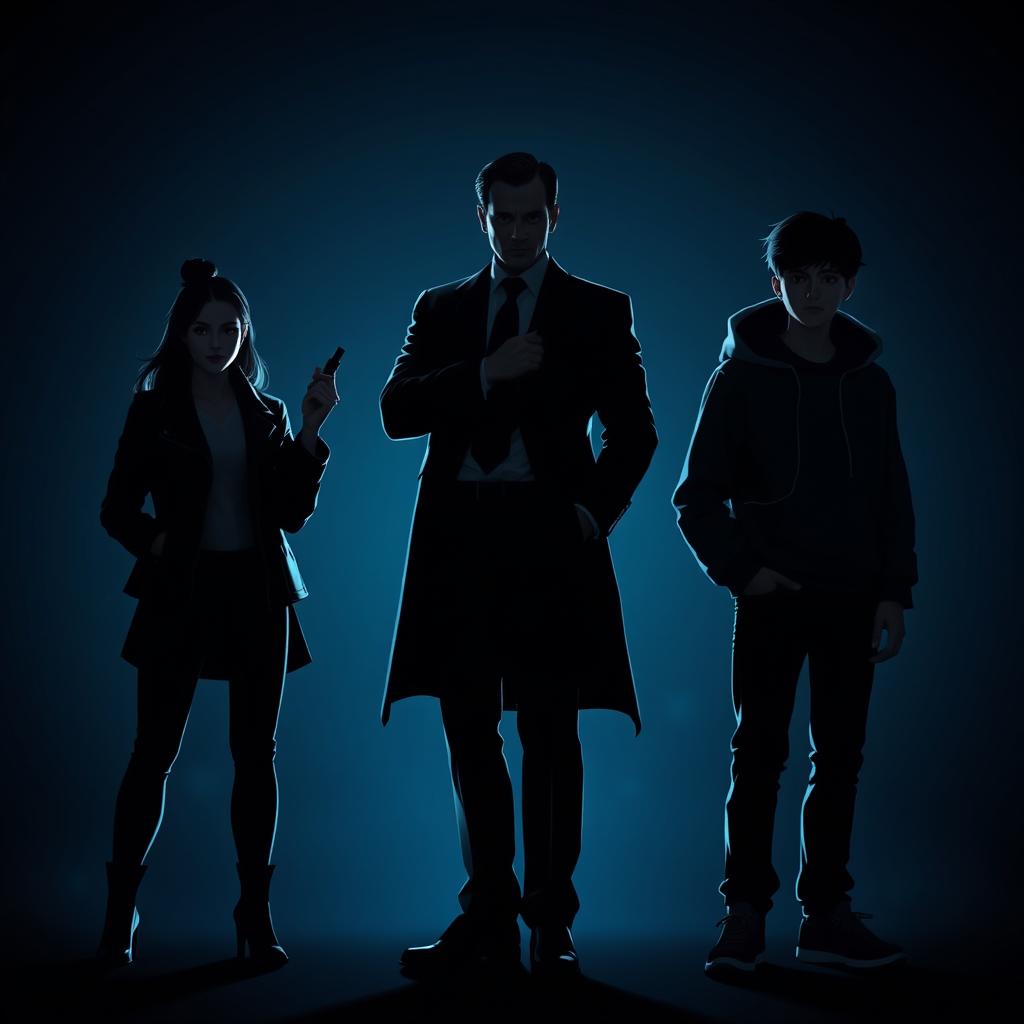 Three silhouettes of main characters against a dark background composed of night blue and black hues, with minimal dim light elements illuminating their features