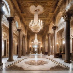 A grand, spacious hall with high ceilings, intricate architectural details, polished marble floors, and a majestic chandelier illuminating opulent tapestries on the walls.