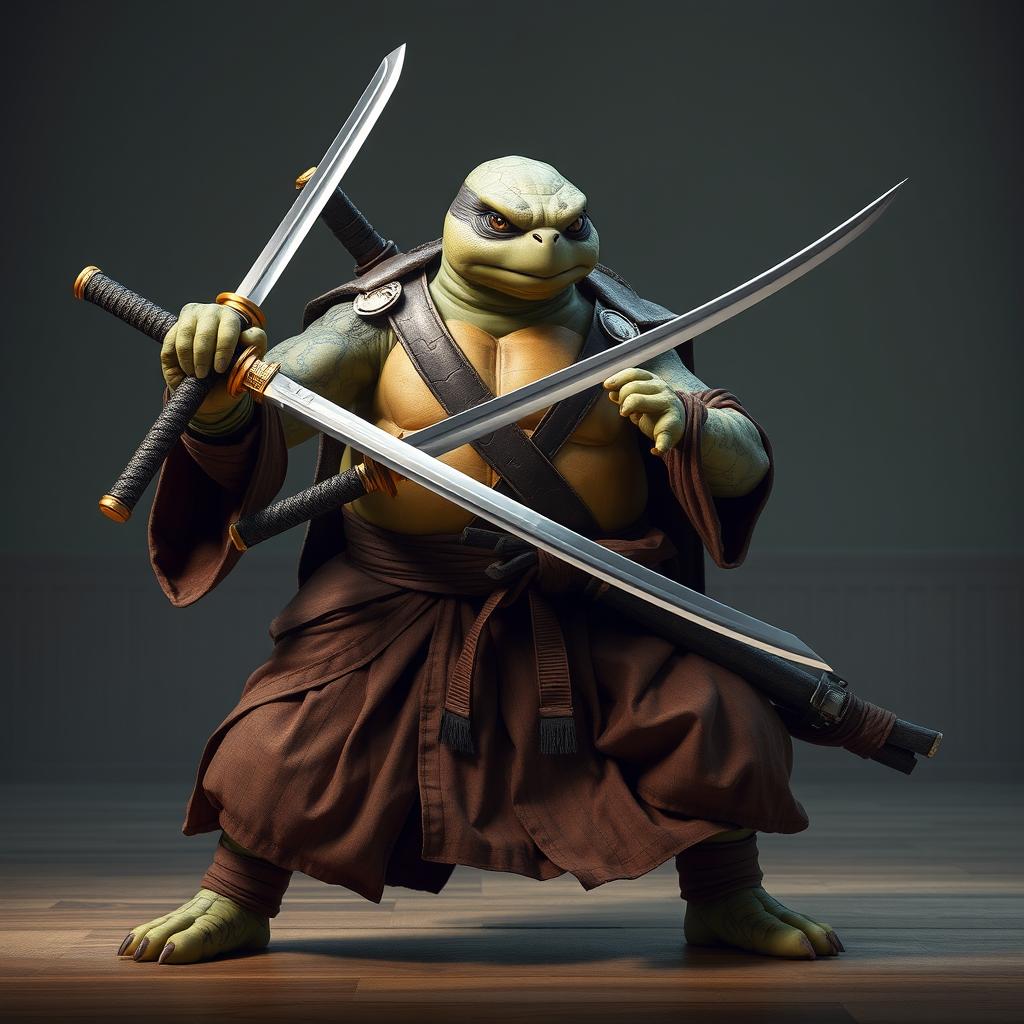 An adult tortle battle monk portrayed in a serious battle stance, confidently wielding a pair of sleek katanas