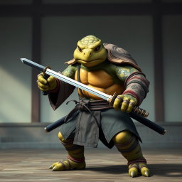 An adult tortle battle monk portrayed in a serious battle stance, confidently wielding a pair of sleek katanas
