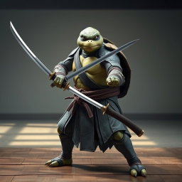 An adult tortle battle monk portrayed in a serious battle stance, confidently wielding a pair of sleek katanas