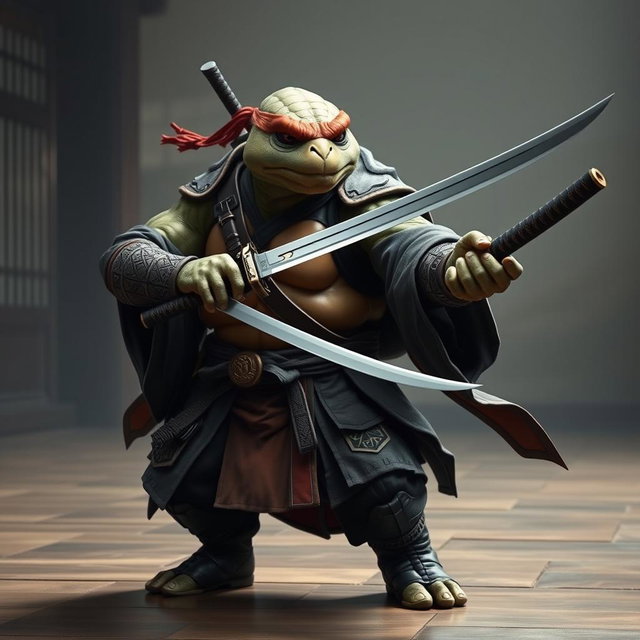 An adult tortle battle monk portrayed in a serious battle stance, confidently wielding a pair of sleek katanas