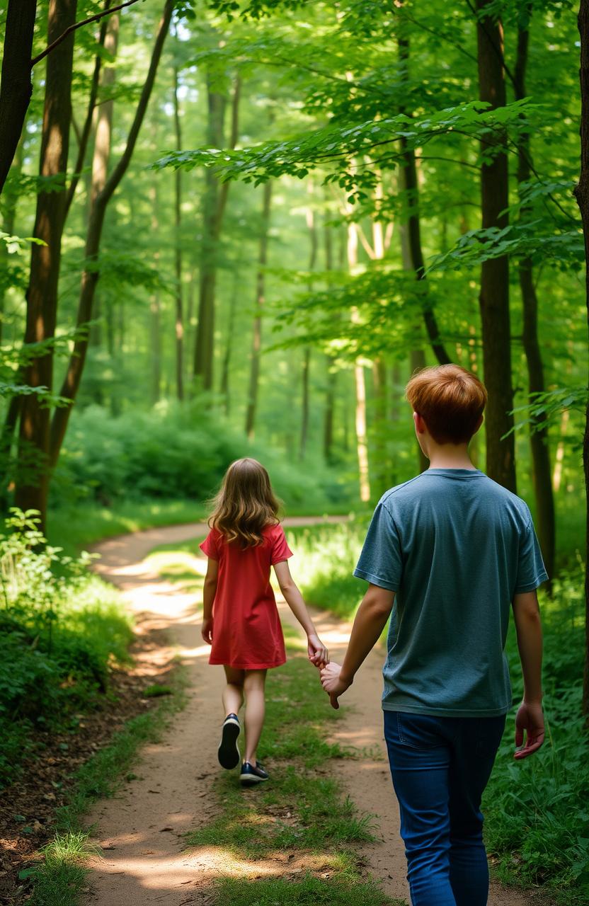 A serene forest scene featuring a girl and a boy walking hand in hand along a winding path