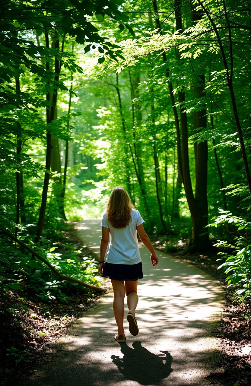 A serene forest scene featuring a young couple walking hand in hand along a winding path
