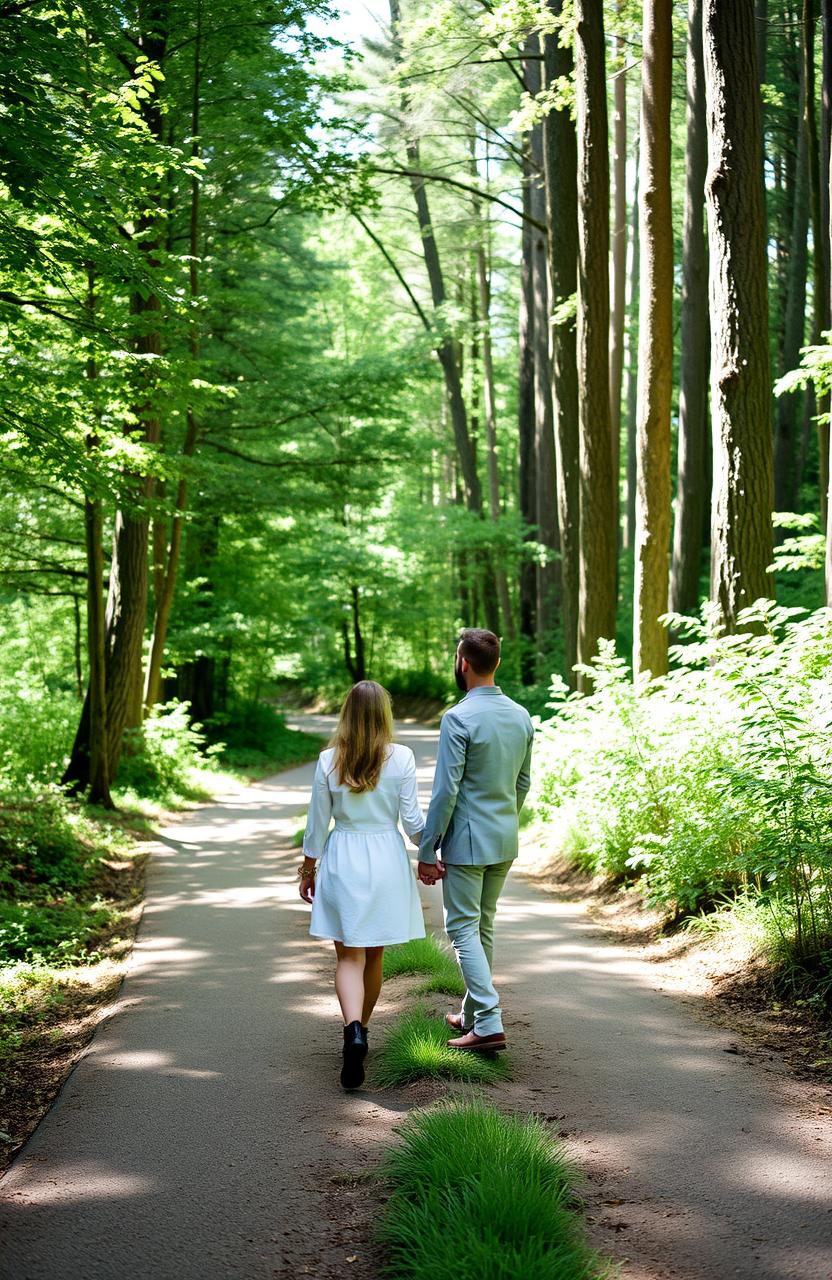 In a serene forest, a beautiful girl and a handsome boy are walking hand in hand, their backs turned towards the viewer
