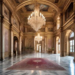 A grand, spacious hall with high ceilings, intricate architectural details, polished marble floors, and a majestic chandelier illuminating opulent tapestries on the walls.