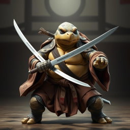 An adult tortle battle monk depicted in a serious battle stance, showcasing his expertise with dual katanas