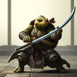 An adult tortle battle monk depicted in a serious battle stance, showcasing his expertise with dual katanas