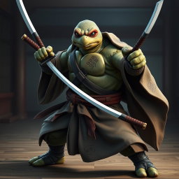 An adult tortle battle monk depicted in a serious battle stance, showcasing his expertise with dual katanas