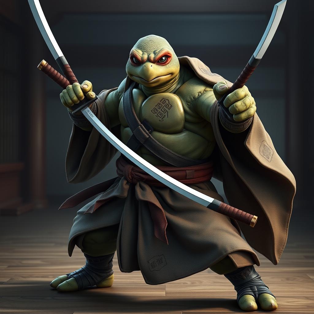 An adult tortle battle monk depicted in a serious battle stance, showcasing his expertise with dual katanas