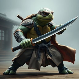 An adult tortle battle monk depicted in a serious battle stance, showcasing his expertise with dual katanas