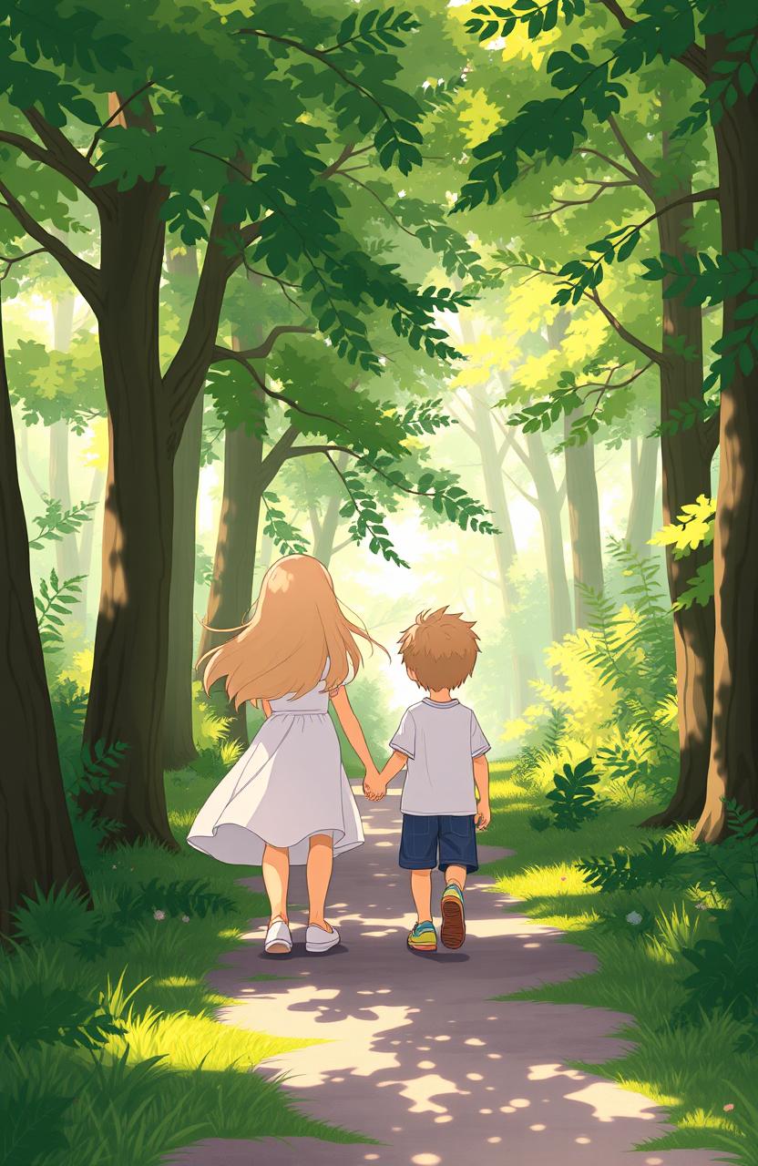 A scenic forest pathway, with a girl and a boy walking hand in hand, both facing away from the viewer
