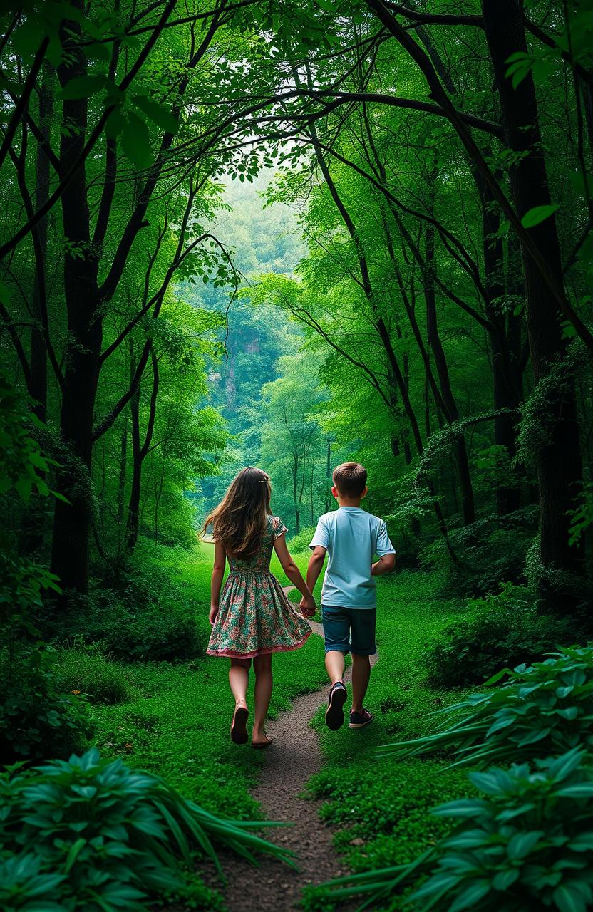 A surrealistic scene set in a lush forest, featuring a girl and a boy walking hand in hand