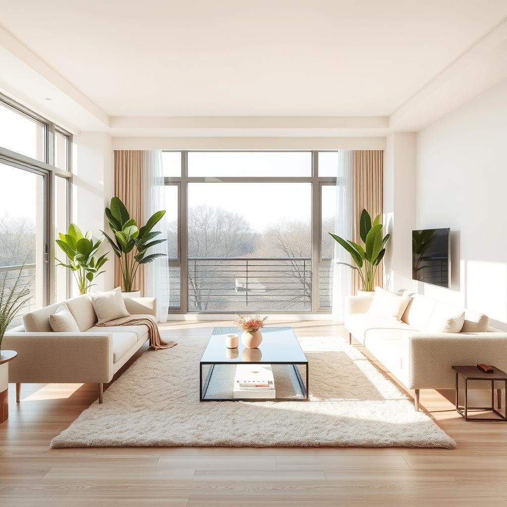 A beautifully designed empty living room featuring modern furniture, large windows with natural light streaming in, neutral color palette with soft beiges and whites, elegant minimalistic decor, a plush area rug, and a stylish coffee table