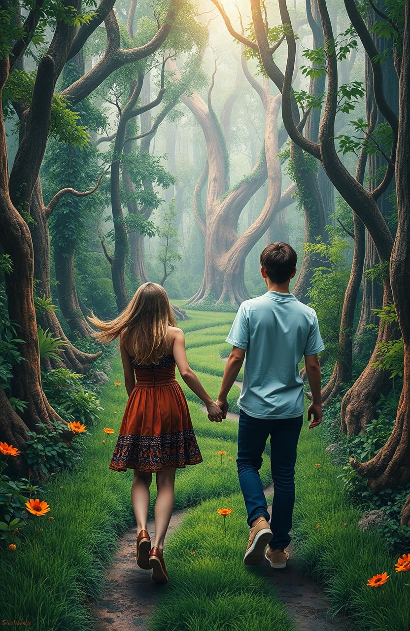 A surrealist scene depicting a lush forest with vibrant greenery, featuring a winding path