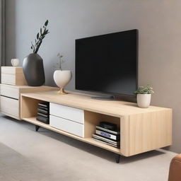 Design an elegant TV bench with compartments to house a sub woofer, Apple TV, set top box, two UPS units, and a PlayStation 5. The design should reflect a modern aesthetic, with sleek lines and clever storage solutions.