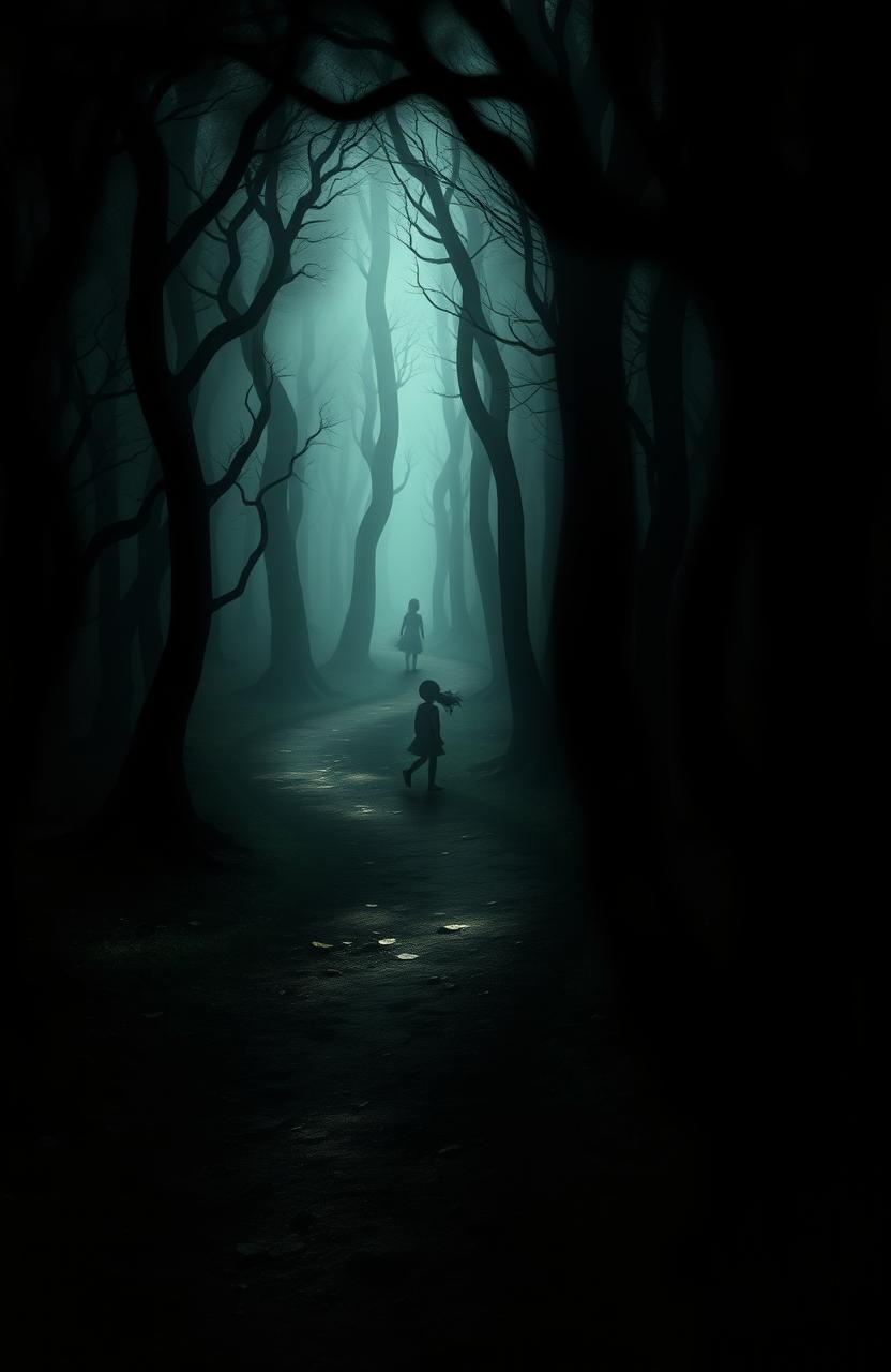 A dark forest with a winding path, shrouded in shadows