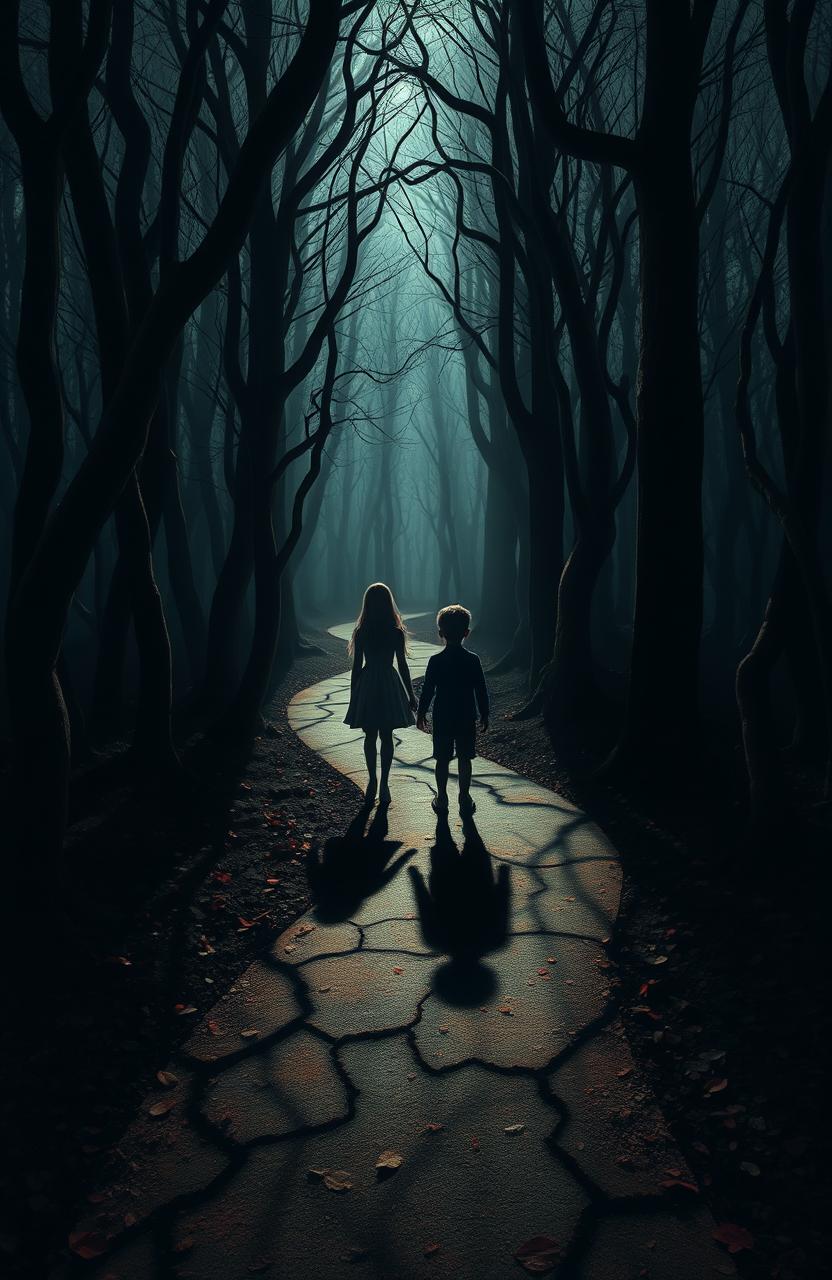 A surreal scene set in a dark forest featuring a winding path