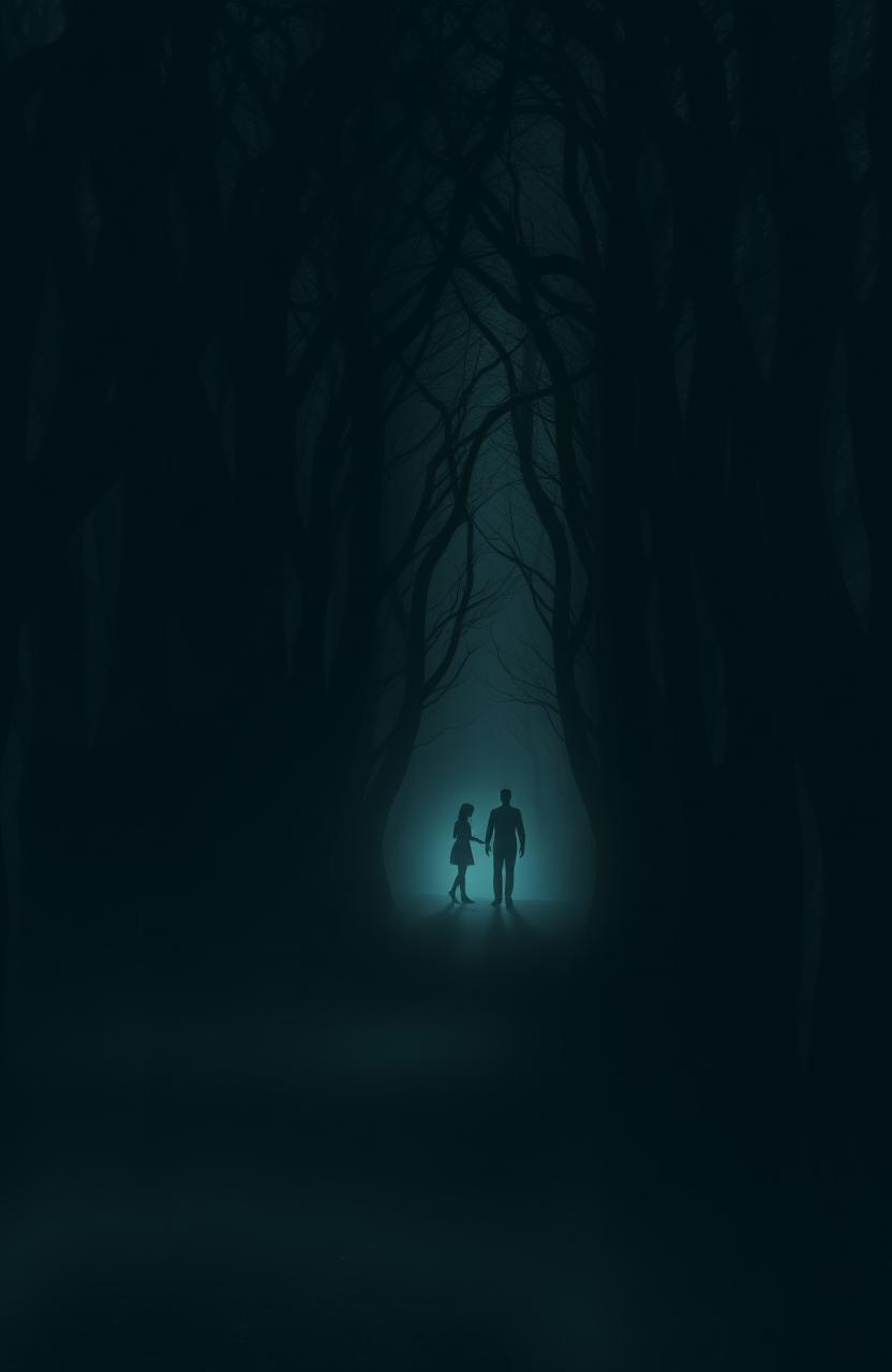 A dense forest scene with a winding path, enveloped in darkness