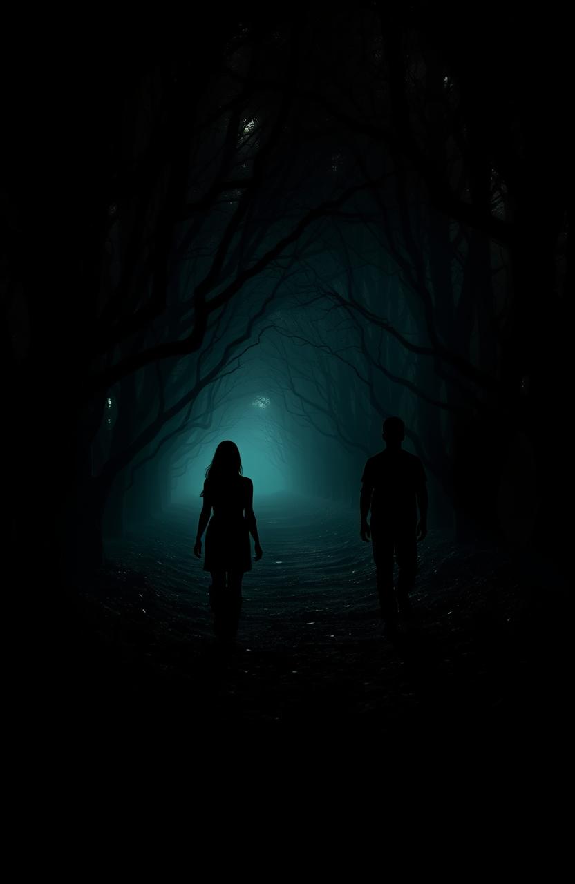 A dark forest pathway shrouded in mystery, casting long shadows of a woman in pants and a man, highlighting their silhouettes against the dense trees