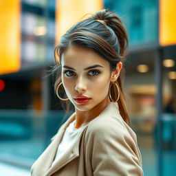 A beautiful 25-year-old woman, stylishly dressed in a fashionable outfit, facing the camera with a bold and provocative expression