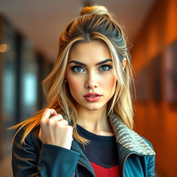 A beautiful 25-year-old woman, stylishly dressed in a fashionable outfit, facing the camera with a bold and provocative expression