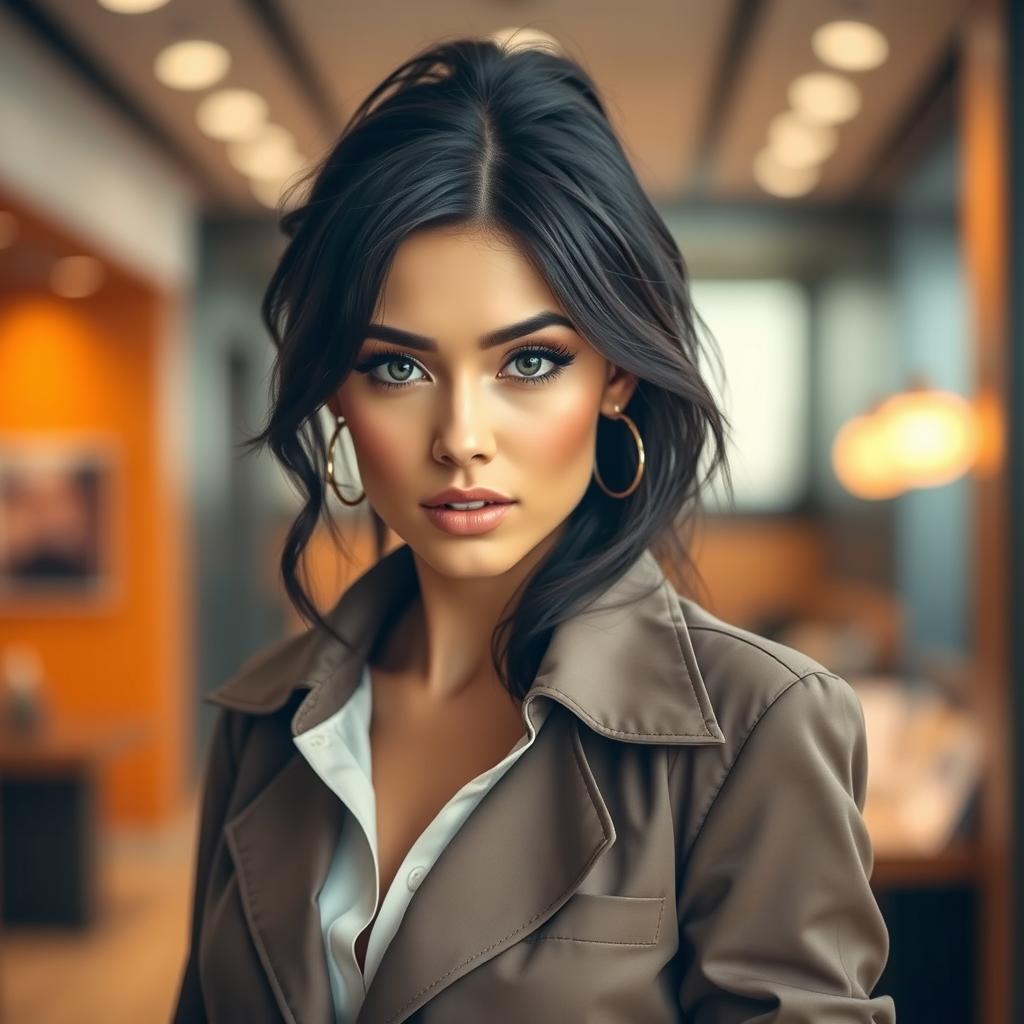 A beautiful 25-year-old woman, stylishly dressed in a fashionable outfit, facing the camera with a bold and provocative expression