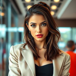 A beautiful 25-year-old woman, stylishly dressed in a fashionable outfit, facing the camera with a bold and provocative expression