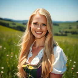 A portrait of a beautiful German woman, with long, flowing blonde hair and striking blue eyes, wearing traditional Bavarian attire