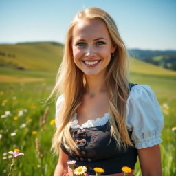 A portrait of a beautiful German woman, with long, flowing blonde hair and striking blue eyes, wearing traditional Bavarian attire