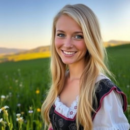 A portrait of a beautiful German woman, with long, flowing blonde hair and striking blue eyes, wearing traditional Bavarian attire