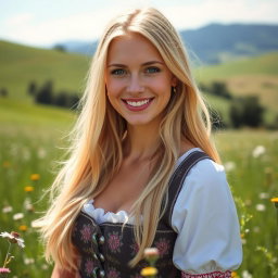 A portrait of a beautiful German woman, with long, flowing blonde hair and striking blue eyes, wearing traditional Bavarian attire