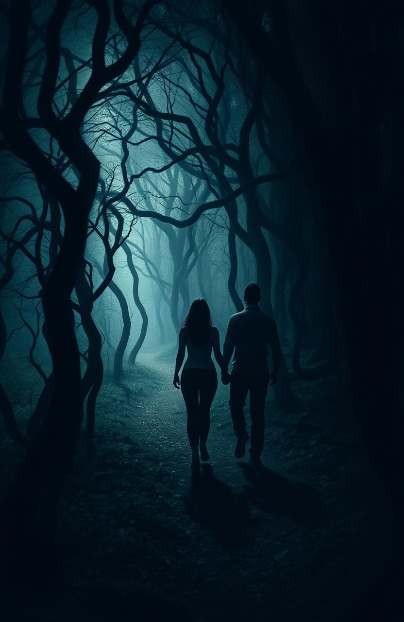 A surrealistic image depicting a dark forest with a narrow path winding through the trees