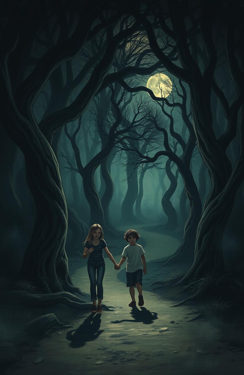 A surrealistic scene depicting a dark forest with a winding path