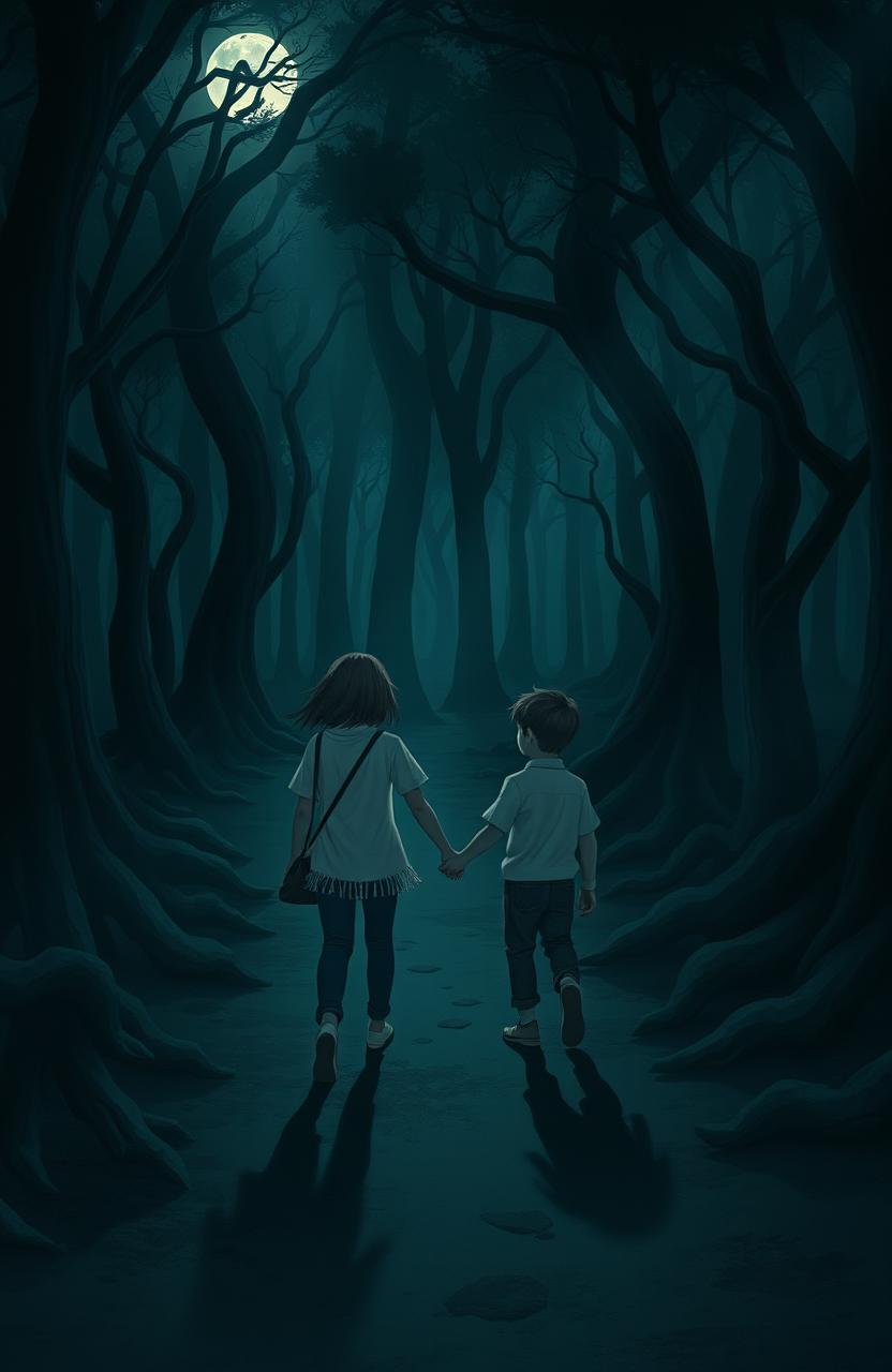 A surrealistic scene depicting a dark forest with elongated shadows, where a seventeen-year-old girl in stylish pants walks hand-in-hand with a boy