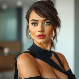 A beautiful 25-year-old woman, stylishly dressed in a trendy outfit, facing the camera with a provocative expression
