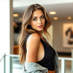 A beautiful 25-year-old woman, stylishly dressed in a trendy outfit, facing the camera with a provocative expression