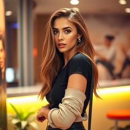 A beautiful 25-year-old woman, stylishly dressed in a trendy outfit, facing the camera with a provocative expression