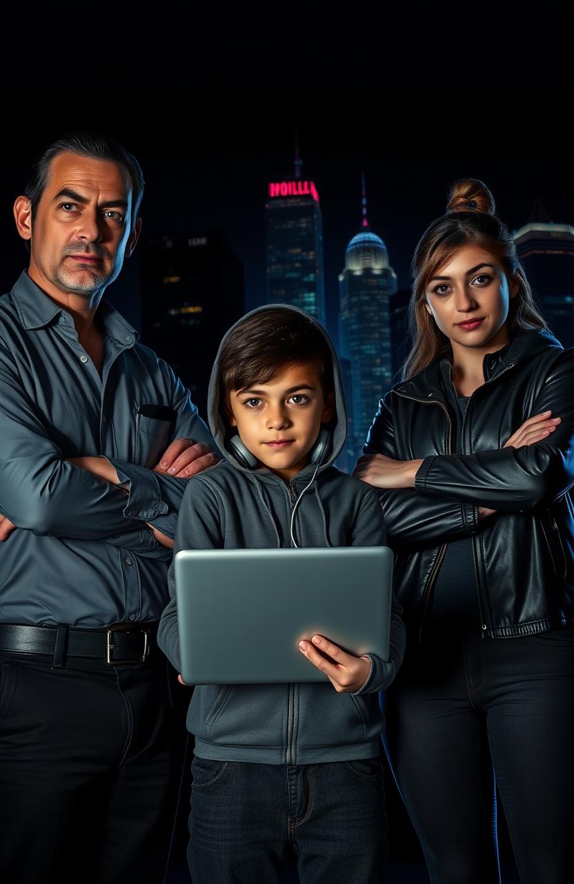 A scene set against dark backgrounds (black or dark blue) featuring dramatic lighting elements from neon lights and city buildings at night, creating a mysterious and crime-themed atmosphere