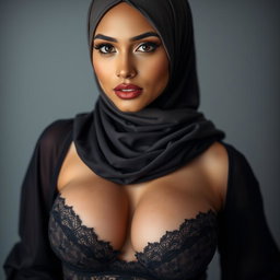 A stunning 25-year-old Muslim woman in sexy lingerie, wearing a hijab that subtly complements her outfit