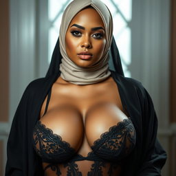 A stunning 25-year-old Muslim woman in sexy lingerie, wearing a hijab that subtly complements her outfit