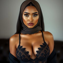 A stunning 25-year-old Muslim woman in sexy lingerie, wearing a hijab that subtly complements her outfit